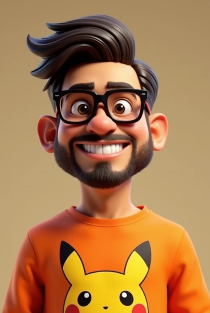 Pixar 3D ralph. Tan skinned man with rectangular glasses, medium brown eyes, trimmed beard without mustache, big cheeks, rhomboid face, dark brown straight hair, sideway hairstyle, peso 90kg, orange pokemon sweatshirt, open smile, nose wide along and thin....