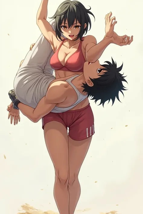 anime art, The girl lifted and held the man on her shoulder, one hand holds the man by the groin, view from the back, full height 