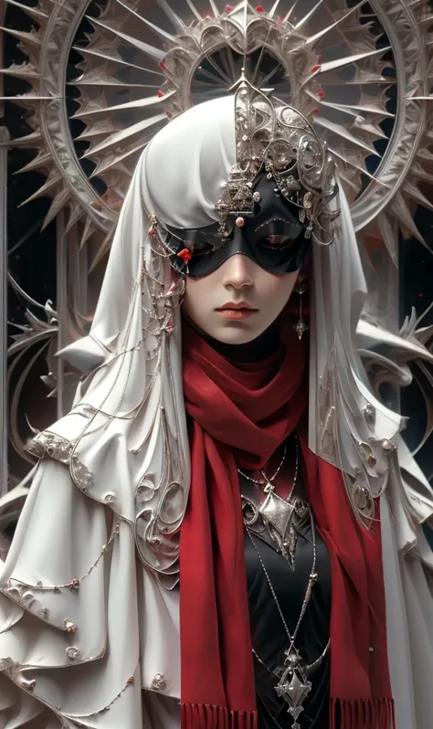 shadrach jaroselev&#39;s《goddess》, gothic futuristic style, dark white and light red, super detailed illustrations, ultra high d...