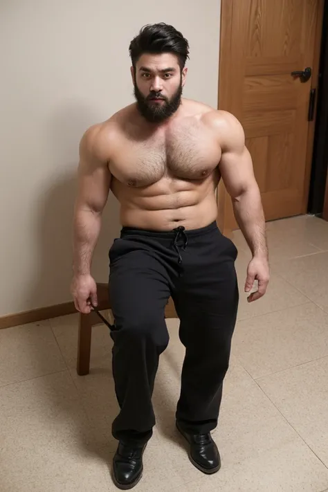 ((best quality)), ((masterpiece)), (detailed), perfect big detailed hairy plump muscle man in bath , beard, dark skin color, skinhead, Japanese men,  In black boxer and short hair, full body 