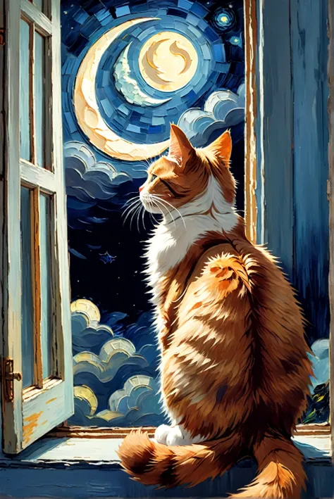 an elegant cat looking out of a window at a starry night sky. oil painting, van gogh style. amazing light, stoic expression, cre...