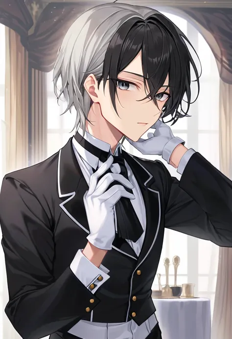 (Mastepiece)、(Best Quality)、Very detailed、((Two butlers:1.5))、Perfect Face、Beautiful Face、Very detailedな顔、(Black-haired man:1.3)、(Grey-haired man:1.3)、Black butler uniform、White gloves