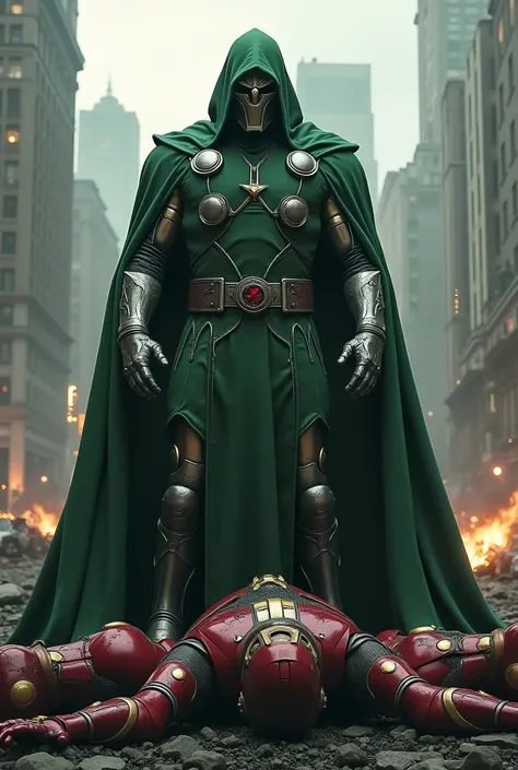 Generate me doctor doom kill the avengers and face with iron man background with the body avengers die