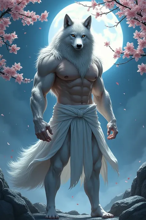 A striking image of a male wolf with a muscular build and thick legs, shiny white long hair, Wearing a white Japanese loincloth and with an erect crotch,The subject stands confidently, born々exudes power and control, The alluring atmosphere of naked bodies、...