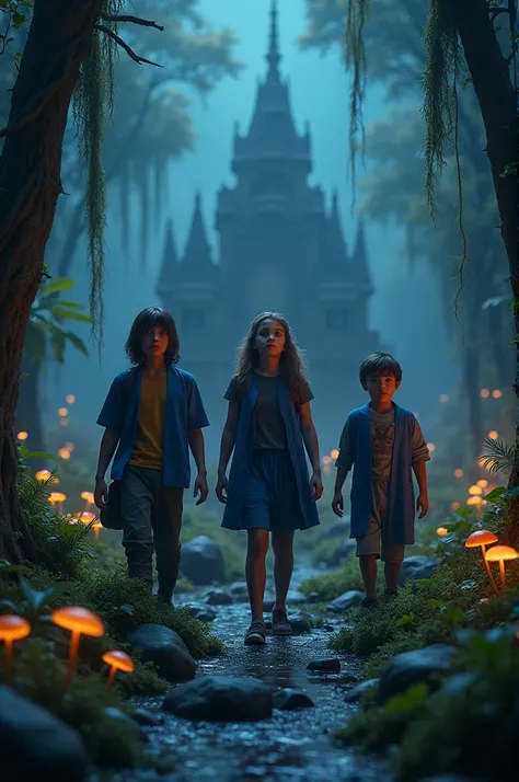 A cinematic medium shot of three teenagers - two girls and a boy - dressed in blue tabards, exploring a swamp at night near an ancient temple. The background is filled with intricate details, including moss-covered stones, twisted trees, and eerie mushroom...