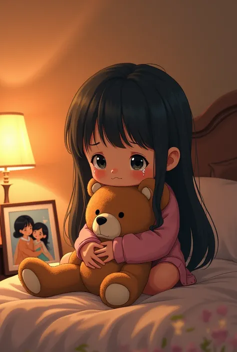 Inside the corner of the girl&#39;s bedroom, on a sweet-colored bed, it looks warm. The bedroom atmosphere looks warm but sad with the warm-colored light from the lamp.  , 
Asian girl, about 4-, with long hair, bangs, big sad eyes, tears streaming down her...