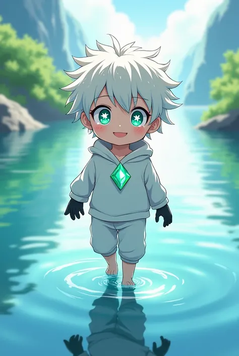 Generates an anime-style image of a 1 boy with: by white, green eyes, 8-pointed star-shaped white pupils, have a big smile, with completely white hair, with white eyelashes,  White clothes, and black gloves, que tenga green eyes, do it by walking on water,...