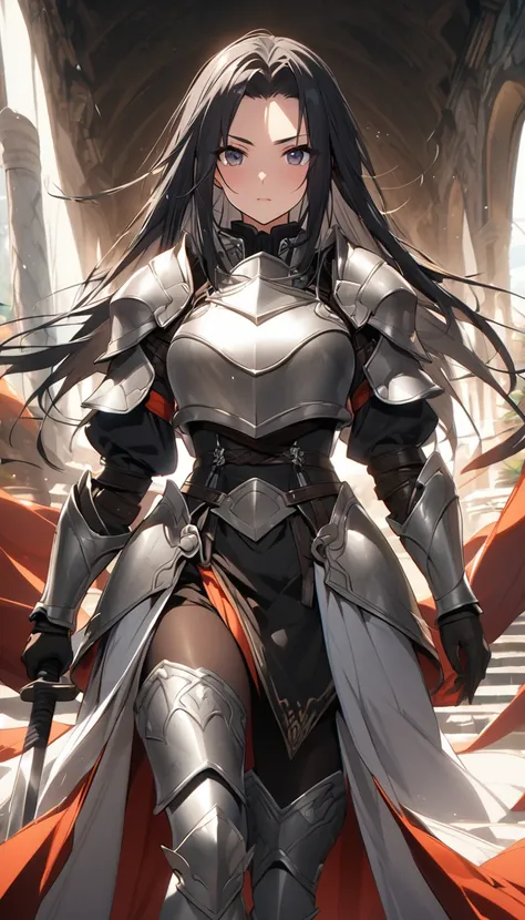 ultra-high definition image quality、beautiful girl、female warrior、female swordsman、light armor、silver boots、long hair、knight&#39...