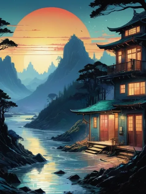 the house of the rising sun, kilian eng and thomas kinkade,      dan mumford     , dan mumford. concept art, by Jeffrey Smit