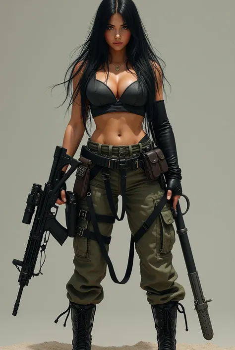 Long,straight Black hair that reached to her calves,very pale skin loke porcelain,honey coloured eyes,plump lips, big breasts 38J wearing a cargo pants,black boots and a croprop with underboob,a belt with rifles,combat knives and other combat equipment,