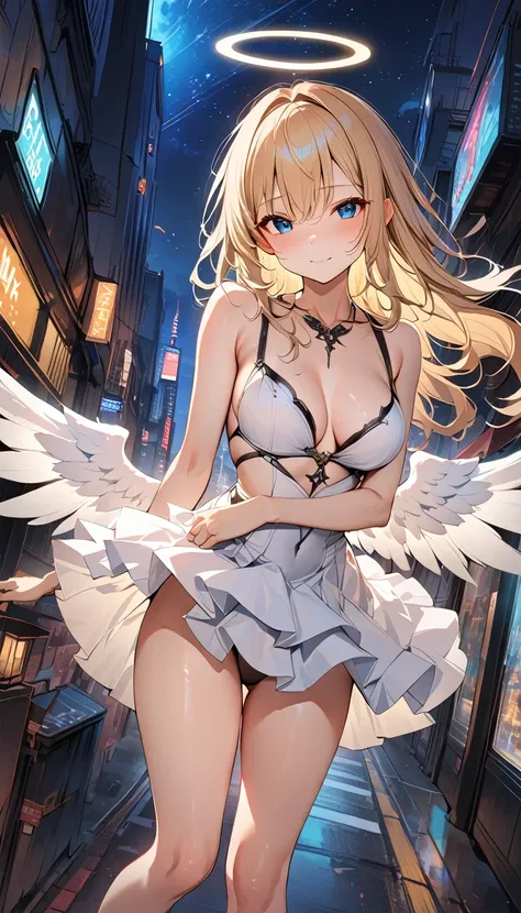 (8k, Highest quality, masterpiece:1.2),(Highest quality:1.0), (Ultra-high resolution:1.0), The image depicts a female angel floating above a city at night.。. The city lights shine golden、Create a dramatic atmosphere, Its delicate presence and black feather...