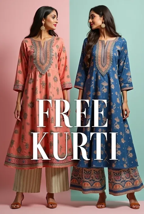 
Design a promotional graphic for a sale offering Buy 2 Kurtis, Get 1 Free. The graphic should feature elegant, colorful kurtis displayed attractively. Include bold, eye-catching text. Ensure the design is stylish and appealing to attract customers.