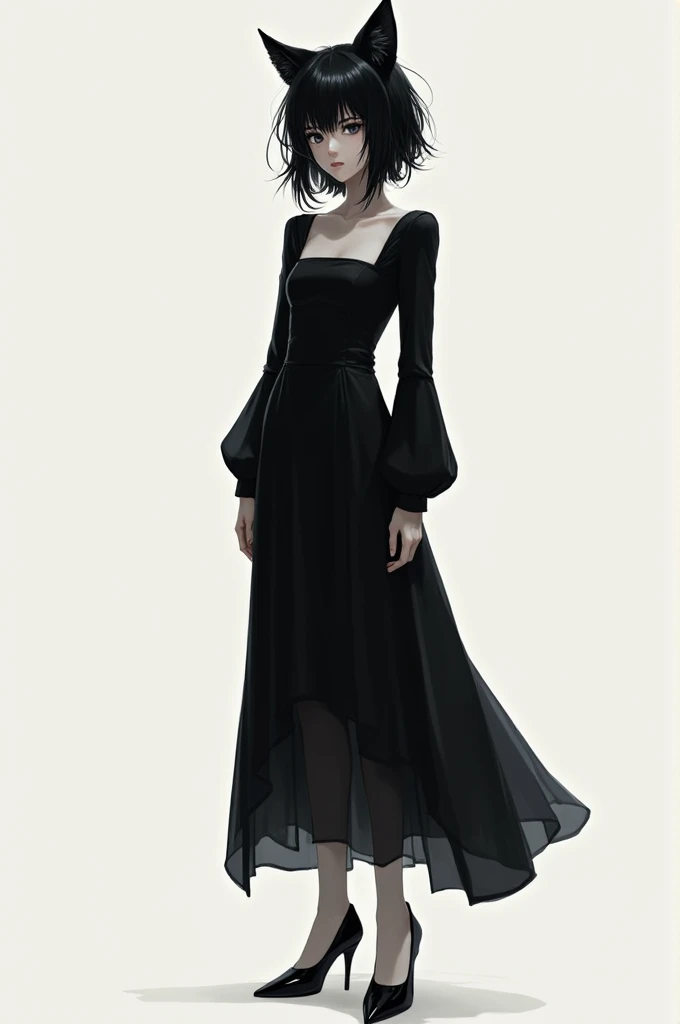 A skinny girl with shoulder length wolf bang hair cut wearing a complete black, full sleeve, square neck, ankle length, pleated long dress with black heels 