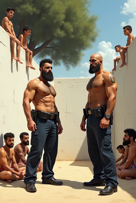 Two big, hairy, bearded, strong, muscular Persian policemen in police pants and shoes, wearing no shirt, below the knee pants, in a courtyard completely walled with a white wall, Sandy ground, a big tree in the background. Two boys sitting on the wall watc...