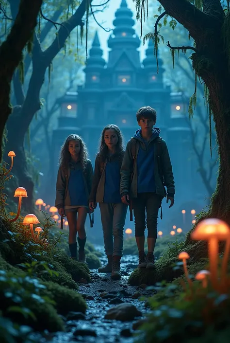 A cinematic medium shot of three teenagers - two girls and a boy - dressed in blue tabards, exploring a swamp at night near an ancient temple. The background is filled with intricate details, including moss-covered stones, twisted trees, and eerie mushroom...