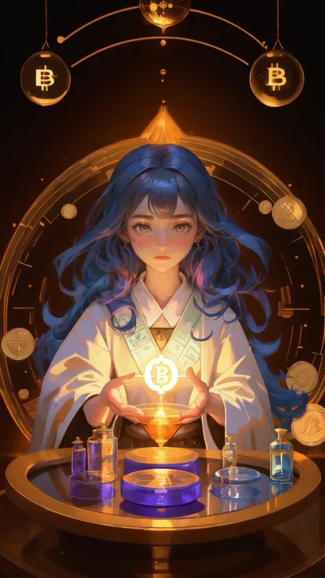 A beautiful young alchemist girl in a flowing robe, working in a mystical laboratory filled with glowing Bitcoin coins and magical potions. The scene captures the essence of Altcoin Alchemy with a rich, brown background, as the girl wields a wand, channeli...