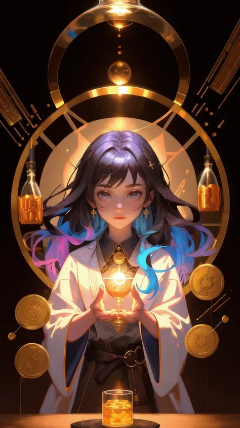 A beautiful young alchemist girl in a flowing robe, working in a mystical laboratory filled with glowing Bitcoin coins and magical potions. The scene captures the essence of Altcoin Alchemy with a rich, brown background, as the girl wields a wand, channeli...