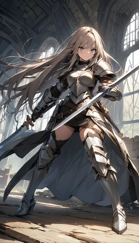 ultra-high definition image quality、beautiful girl、female warrior、female swordsman、light armor、silver boots、long hair、knight&#39...