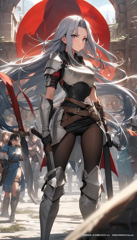 ultra-high definition image quality、beautiful girl、female warrior、female swordsman、light armor、silver boots、long hair、knight&#39...