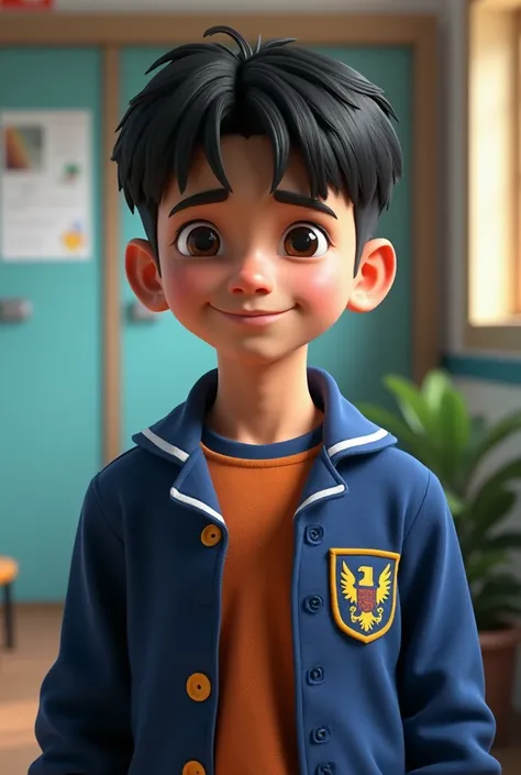 describe a man, aged 17 years, with blue and orange school wearpack, school background with short black hair, warna kulit sawo matang, 3d realistic 