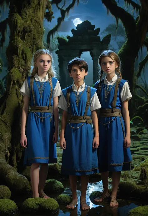 A cinematic medium shot of three teenagers - two girls and a boy - dressed in blue tabards, exploring a swamp at night near an ancient temple. The background is filled with intricate details, including moss-covered stones, twisted trees, and eerie mushroom...