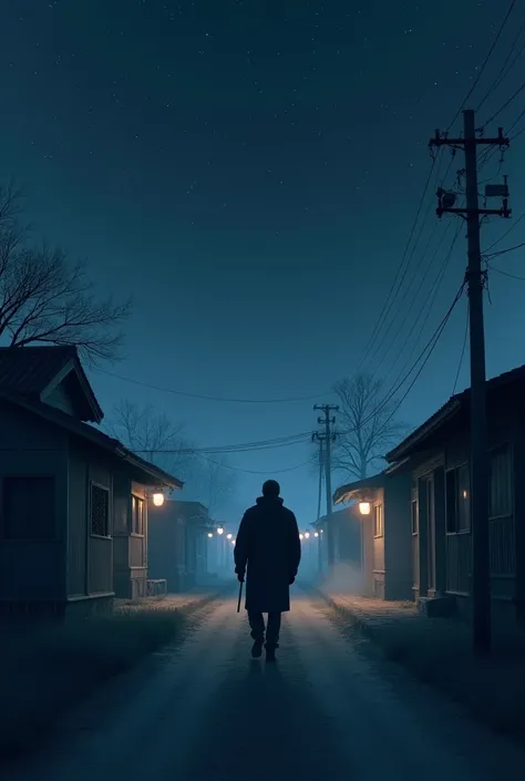 A man is walking alone on a dark and quiet village road at night. The village is lined with simple traditional wooden houses, with minimal lighting from a few street lamps casting dim light. The sky above is clear and full of stars, yet the atmosphere rema...