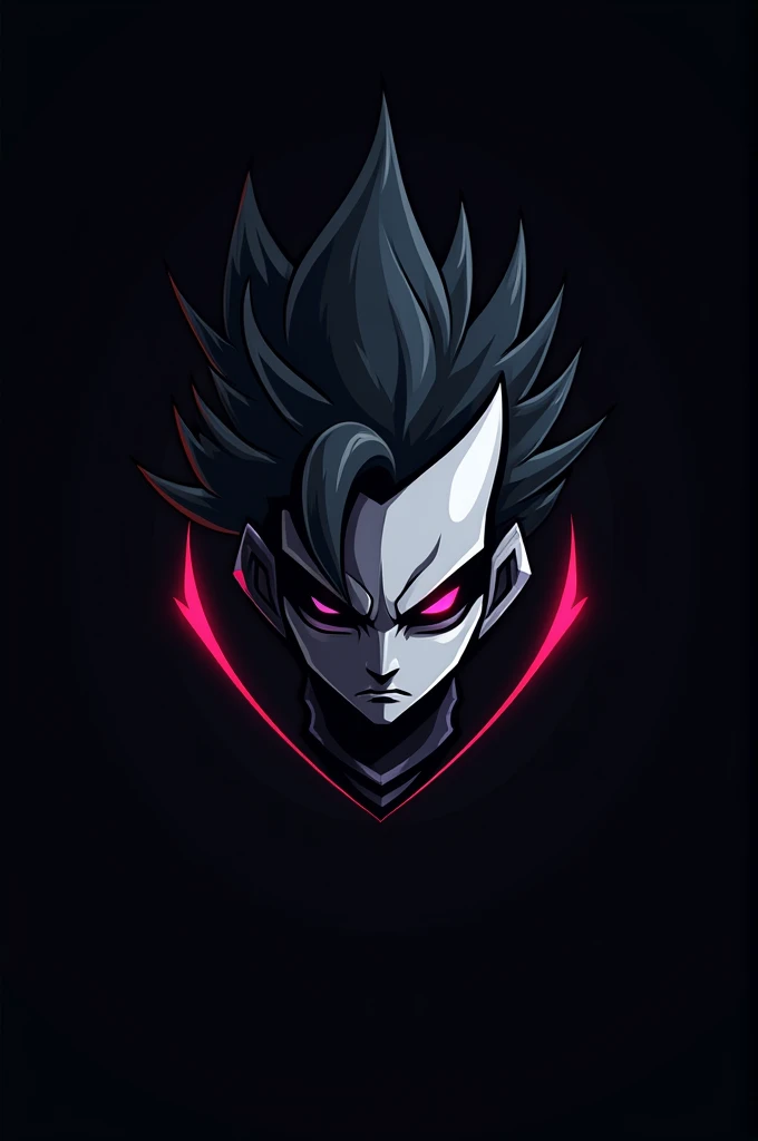 "Design a sleek and modern gaming logo featuring a stylized character with a bold, edgy appearance. The character should have a white face, black hair with sharp angles, and an intense, focused expression. Use a color palette of dark tones, including black...