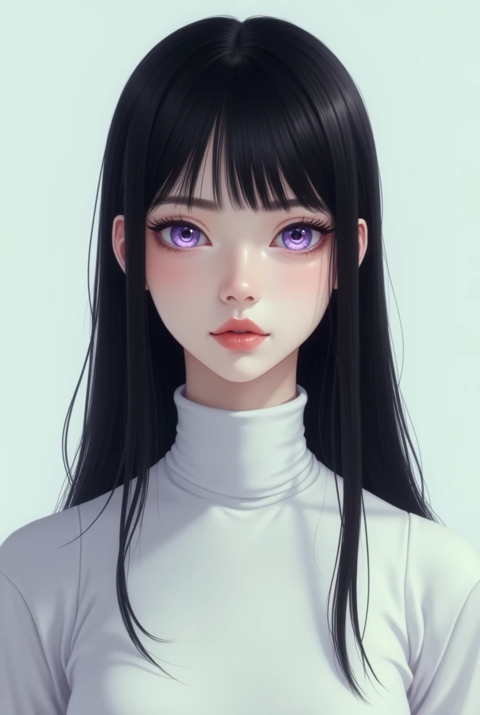 A young woman with long, sleek black hair and a straight fringe stands calmly, exuding a sense of grace and quiet power. Her pale skin contrasts beautifully with her dark hair, and her eyes are a striking lavender, glowing softly and reflecting an inner st...