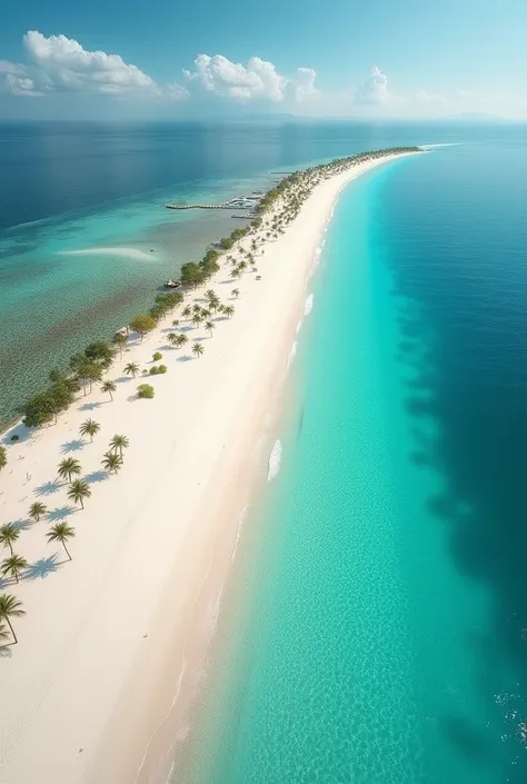 (photorealism: 1.2), shot of a beach seen from above, with turquoise, transparent water and fine sand