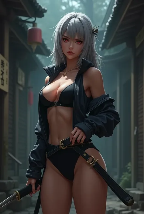 Gray haired teenage girl with red eyes with curvy waist and big thighs and big butt wearing sexy ninja clothes 