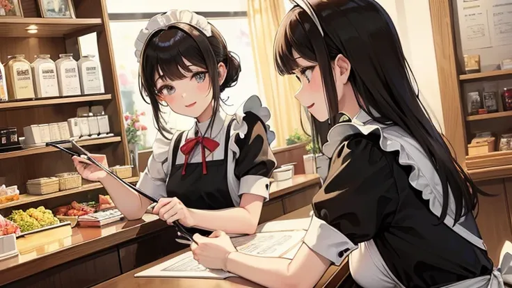 In the maid café、Please draw an illustration of a smiling woman in a maid uniform serving tea to a customer.。The woman has a gentle expression、I enjoy talking to customers。In the background、The interior of the store is depicted with counters and decoration...