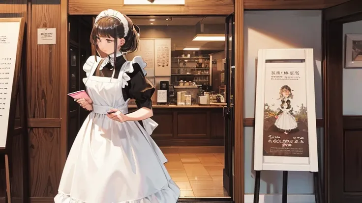 A woman in a maid outfit、Please draw an illustration of a maid welcoming customers at the entrance of a maid cafe.。The woman is bowing with the hem of her apron slightly raised.、It expresses a scene that conveys a warm atmosphere.。In the background、You can...