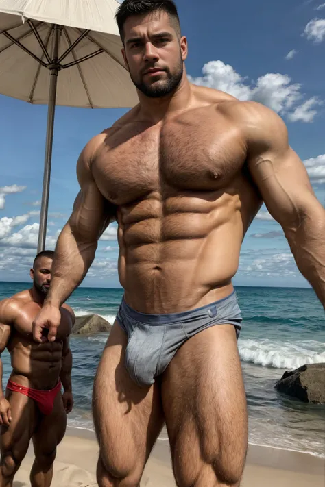 Ultra wide angle，(Medium shot of two handsome guys)，twin，Male love，plump breasts，swelling of chest muscles，Full chest muscles，swelling of chest muscles，Sweat，Skin is moisturized and shiny，(face slimming)，small head，short hair，beard，Sexy and charming expres...