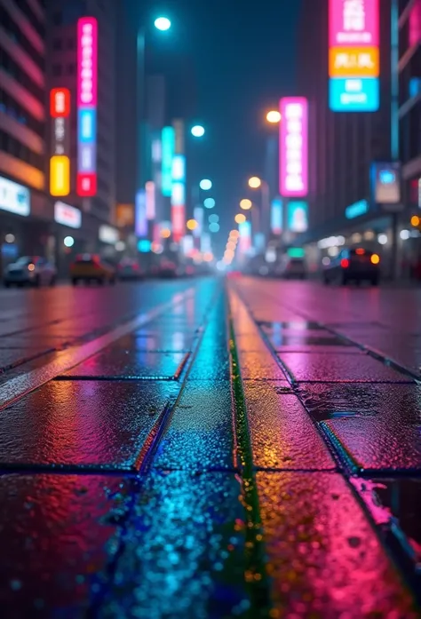 Wet reflective pavement, Rainbow paint, Front view, Future city background, Prime Time, [Cyberpunk Night City:1.3], 8K DSLR, sharp, Thank you Sharp, Intricate details, masterpiece, Golden Ratio, best quality, HDR, Reality, Crazy quality, best quality, Extr...