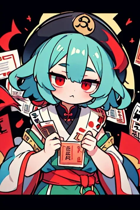 (((Jiangshi)))、masterpiece、Green Hair、Whites of the eyes are black、extra short hair、forehead、Banknotes on the forehead、flipped hair、messy hair、choppy hair、very short hair、((Paint the whites of the eyes black))、Red eyes、Inverted Eyes、Black and white eyes、((...