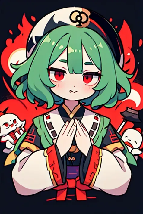 (((jiangshi)))、masterpiece、green hair、whites of the eyes are black、extra short hair、forehead、banknotes on the forehead、flipped h...