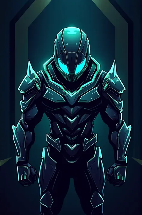 "Create a gaming logo featuring a cyber warrior with glowing neon accents and a sleek helmet. The character should be futuristic, with angular armor and a powerful stance. Use dark tones with electric blue and neon green highlights. The logo should be shar...