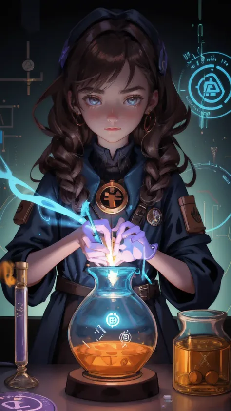 A quirky girl alchemist, immersed in the art of Altcoin Alchemy, working in a cluttered laboratory filled with glowing vials and bubbling potions. The background is a warm brown, with altcoin symbols like Bitcoin and Ethereum glowing in the flasks around h...