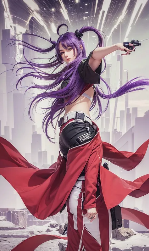 ((masterpiece)), ((Best Quality)), ((High resolution)), 1 girl, Alone, Police Officer, (pants a juego, pants), city backdrop, (holding and aiming gun, detailed gun, 22 pistol, trigger discipline), standing, medium hair, (purple hair, two tails), (green eye...