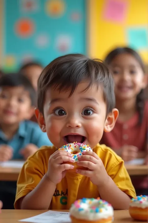 "A photorealistic image
of a happy school-age
child taking a bite out of
a colorful mini donut.
The child is surrounded
by friends and a vibrant
classroom setting.
Keywords: colorful,
playful, childhood,
school, friendship,
joyful, candid, natural
light, D...