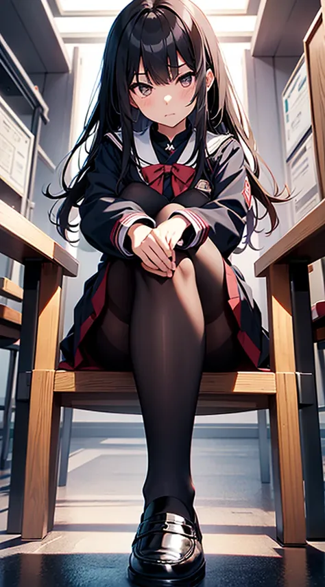 A Japanese young school girl in a uniform wearing black pantyhose and loafers sits with her legs crossed. legs are coming towards you, detailed legs towering over you, with a contemptuous look, Portrait of a young school girl 12 years, yandere, mean and bu...