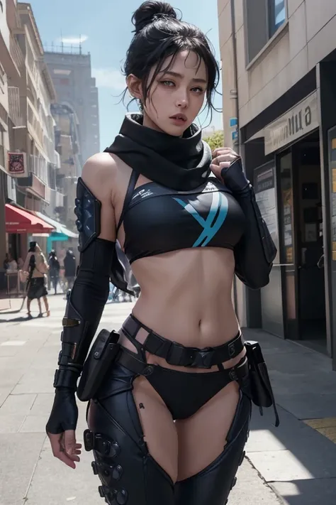 (masterpiece artwork, best qualityer:1.2), wraith (apex legends), breastsout enormes, athletic body, 1girl, 独奏, hair bun simples...