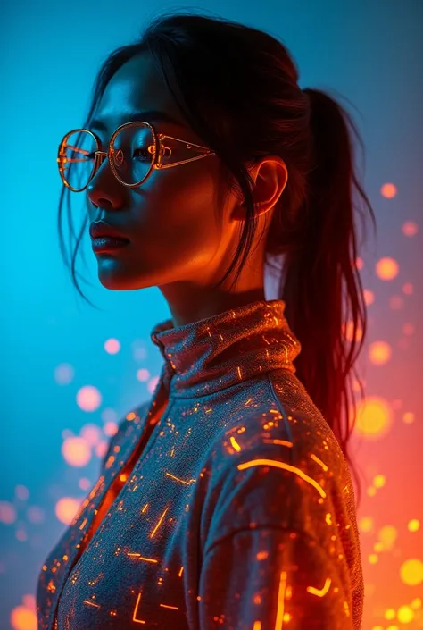 ashion editorial photography, medium shot of an asian model,Blue background,Orange contrast,Tech patterns, Dynamic silhouette, Virtual devices, Light effects and particles, Futuristic typography, Dynamic movement,Abstract geometry