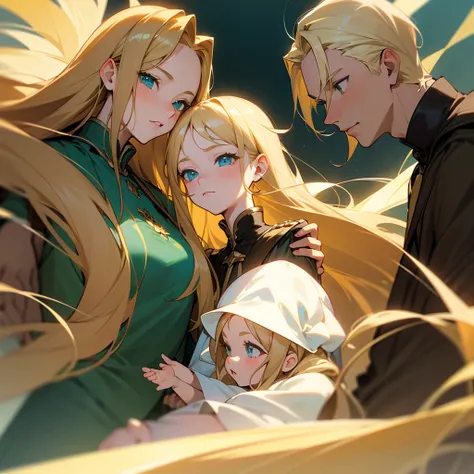 Royal Family with Father with blond hair and green eyes, mother long light brown hair and blue eyes, first child blonde hair and green eyes, second son blonde hair and honey eyes, third daughter long blonde hair and green eyes, fourth daughter long blonde ...