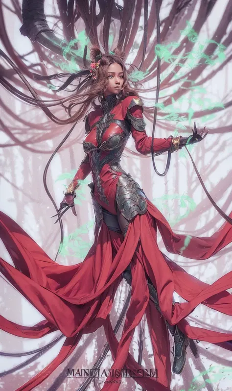 Dark skin, detailed beautiful young woman, reddish golden brown hair, long, wavy and messy hair, Perfect and detailed green eyes., delicate realistic and beautiful symmetrical face, (magic forest background),  ranger suit with leather armor, combine, wildf...