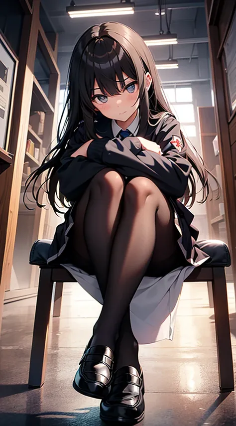 A young school girl in a uniform wearing black pantyhose and loafers sits with her legs crossed. legs are coming towards you, detailed legs towering over you, with a contemptuous look, Portrait of a young school girl 12 years, yandere. Black pantyhose with...