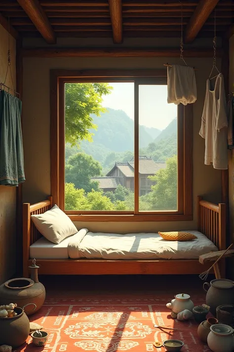 shows a simple room with a traditional bed (charpai), a window with a view of trees and houses outside, some clothes hanging on a rack, and a few other items like pots and utensils. The setting appears to be a typical rural or village home.