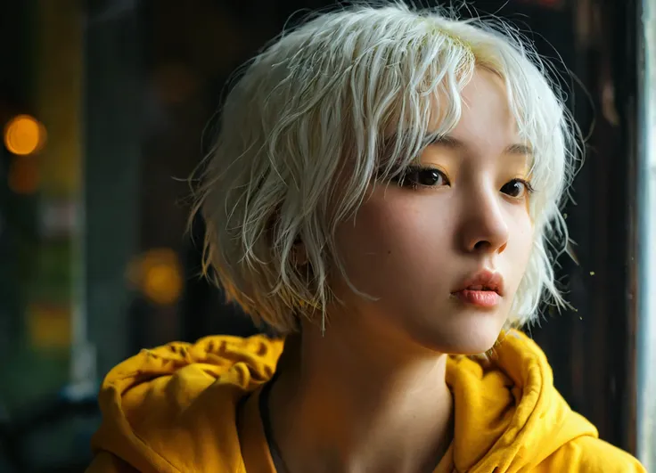 Wearing a yellow hoodie、A girl with short, unkempt bob hair、Pure white hair、Hold a cigarette