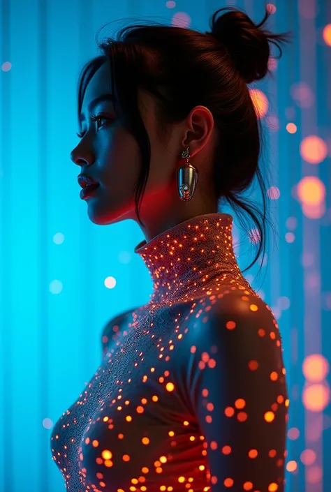 ashion editorial photography, medium shot of an asian model,Blue background,Orange contrast,Tech patterns, Dynamic silhouette, Virtual devices, Light effects and particles, Futuristic typography, Dynamic movement,Abstract geometry