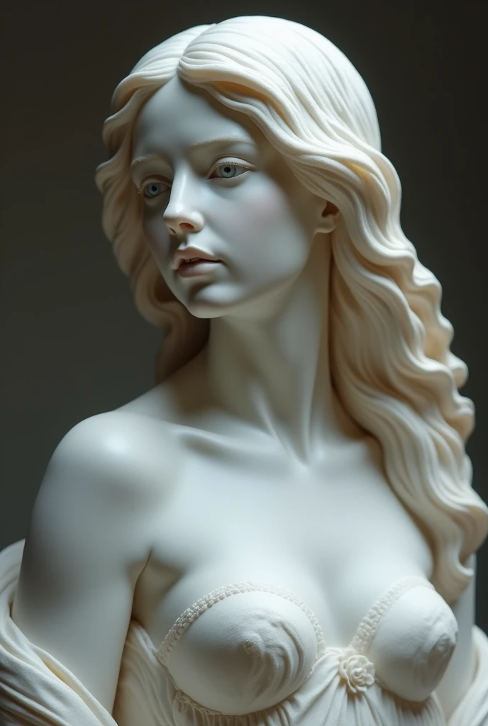 A gracefully aging sculptor meticulously carves a stunning statue of a captivating young woman. The sculpture, crafted in marble, captures the womans ethereal beauty with delicate features and flowing hair cascading down her back. The artists skill is evid...